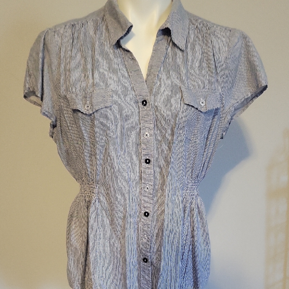 Cato Blue and White Striped Button-Down Cap Sleeve Shirt..size XL